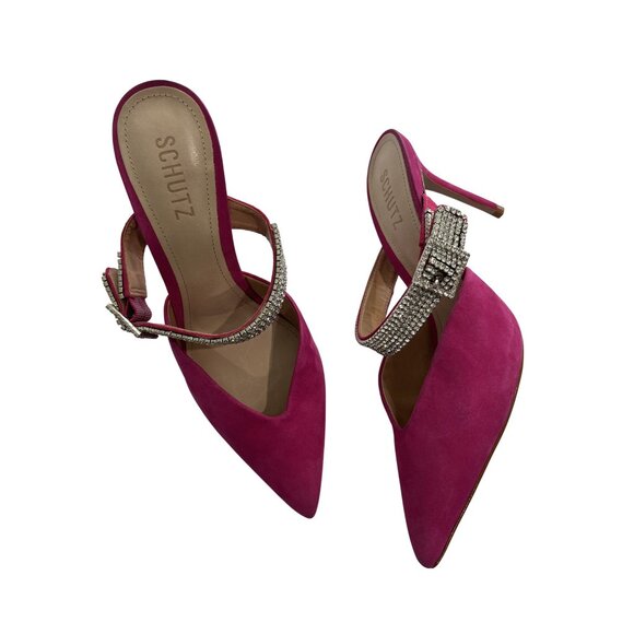 Schutz Tishara Embellished High Heel Mules in Hot Pink